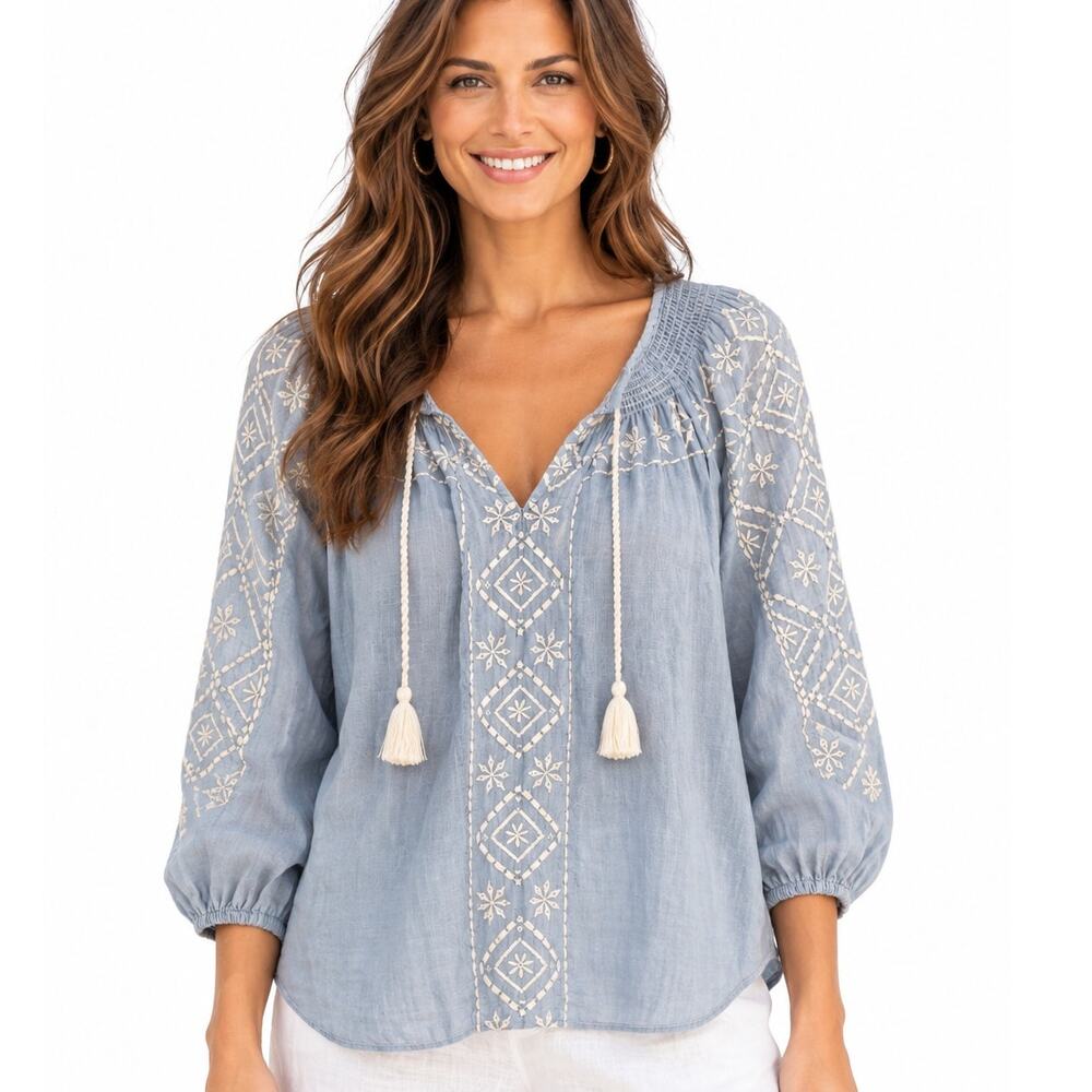 Joie Linen Peasant Top Womens Large Light Blue Chambray Embroidered Boho Blouse